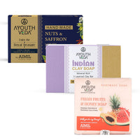 Ayouthveda 1 Nuts & Saffron Luxury Castile Soap, Saffron Soap(110g),Clay Soap, Clean Tone Revitalize Skin, Nourish, Protect & Hydrate Skin (110g), Fruit Honey Soap 110g