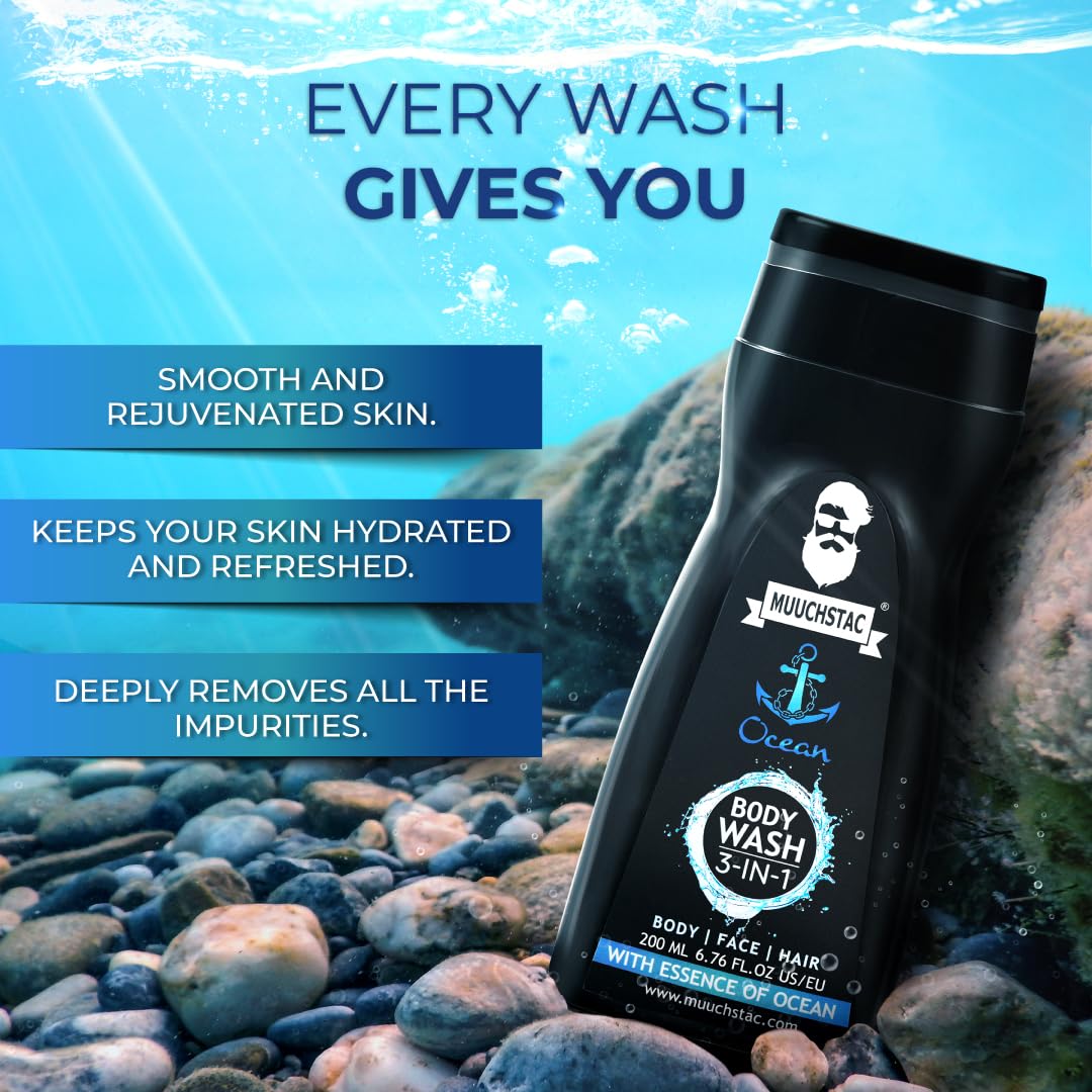 Muuchstac Ocean 3-in-1 Body Wash for Men | Clear Skin, Controls Sweat, Fights Body Acne & Bad Odour, Shower Gel for Long-Lasting Fresh | 182 ml