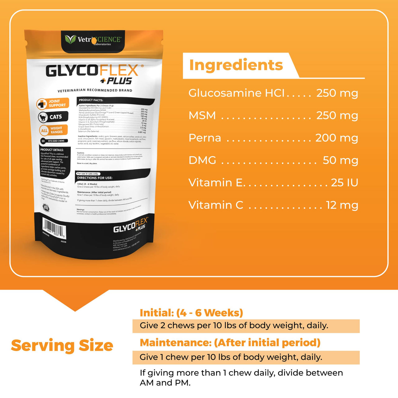 VetriScience GlycoFlex Plus, Clinically Proven Joint Support Cat Supplements - Joint Health Supplement with Glucosamine, Chondroitin, MSM, and DMG - 30 Chews, Fish Flavor Glycoflex Plus Chondroitin