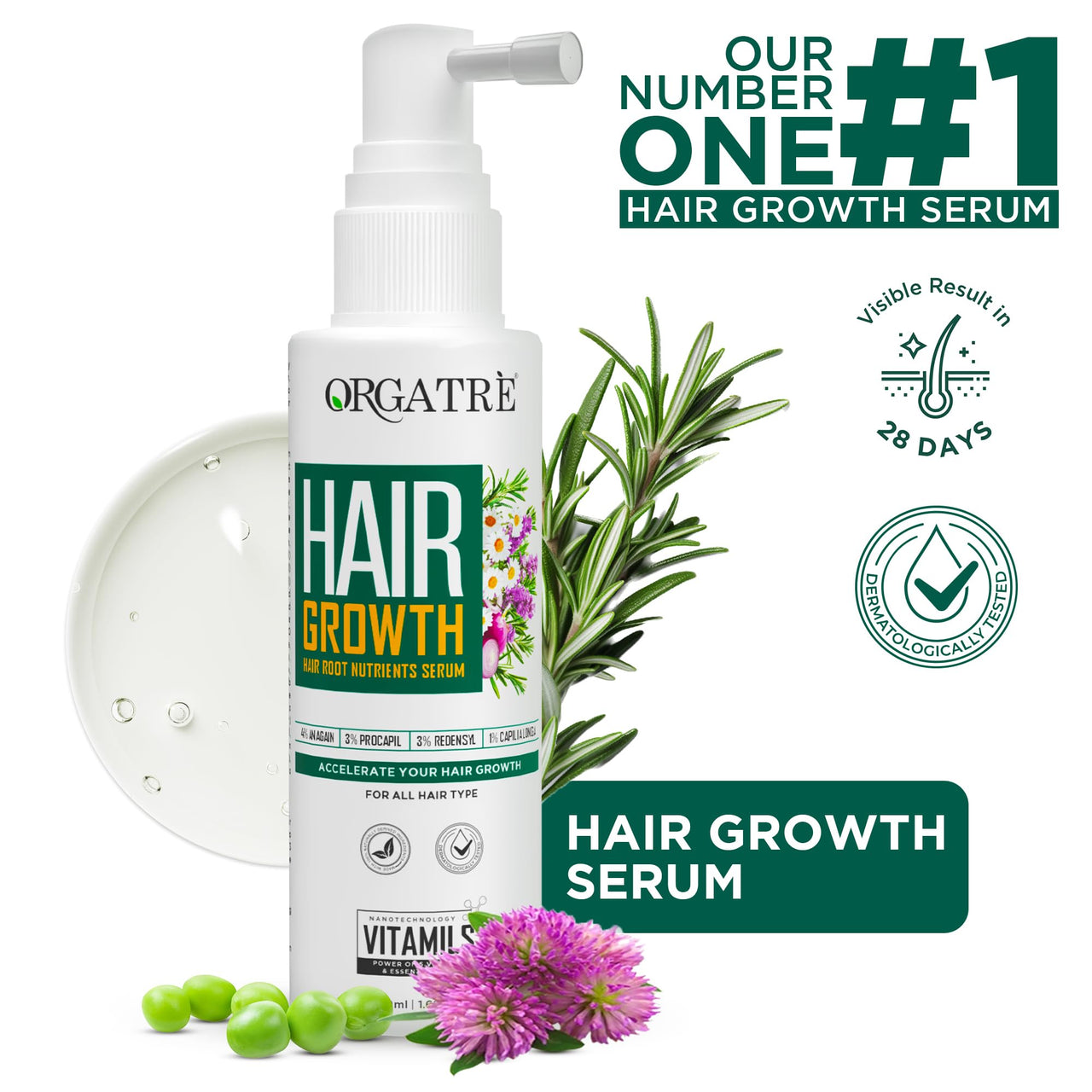 ORGATRE Hair Growth Serum for scalp - 50ml | 3% Redensyl, 4% Anagain, 3% Procapil, 1% Capilia Longa & Rosemary Oil | Scalp Treatment & Hair Tonic for Men & Women | Effective Hair Regrowth Formula