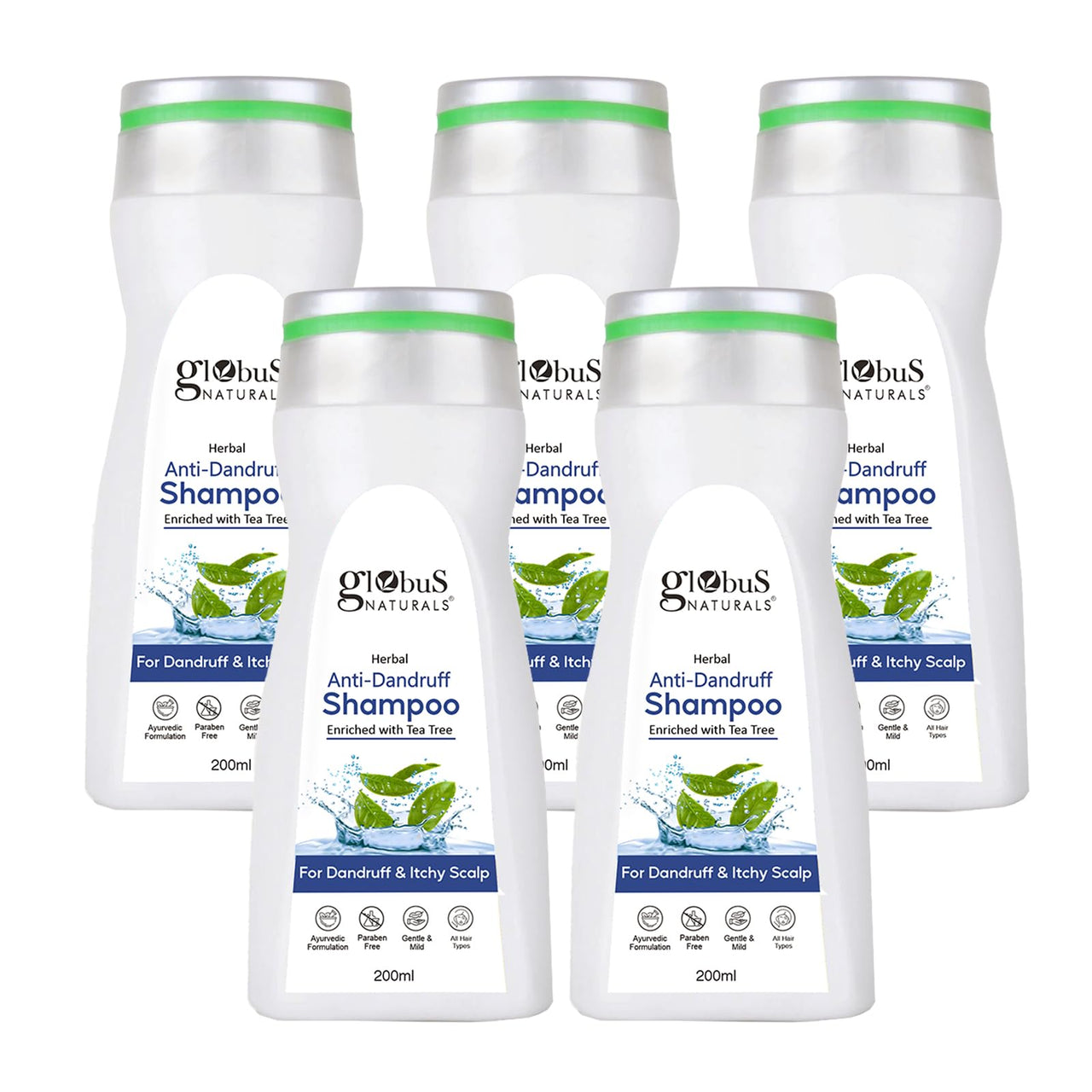 Globus Naturals Anti Dandruff Shampoo, For Dandruff and Itchy Scalp, Suitable For All Hair Types, 200 ml (Pack of 5)