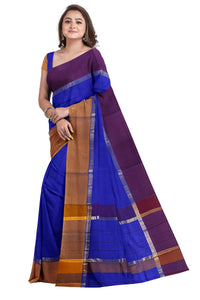 SENSAN Women’s Handloom Kanchi Cotton Saree with Blouse Piece [SKU:430] Light Beige×Navy Blue