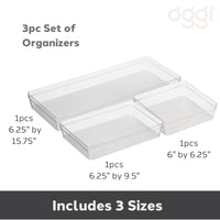 Oggi Set of 3 Clear Drawer Organizers - (1) 6x6.25, (1) 6.25x9.25, (1) 6.25x15.75 - Ideal for Organizing Kitchen Drawers, Office, Desk, Silverware, Kitchen Utensils, Cosmetics and Bathrooms