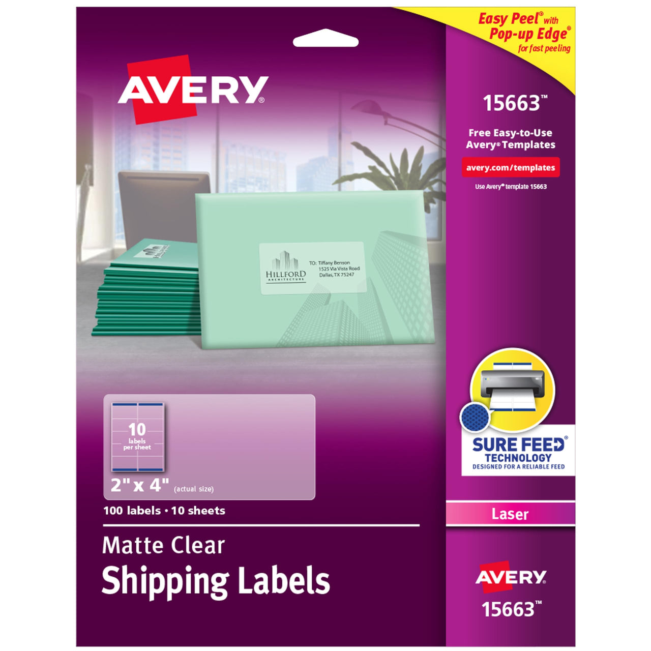 Avery Printable Shipping Labels with Sure Feed, 2" x 4", Matte Clear, 100 Blank Mailing Labels (15663) 2" x 4"