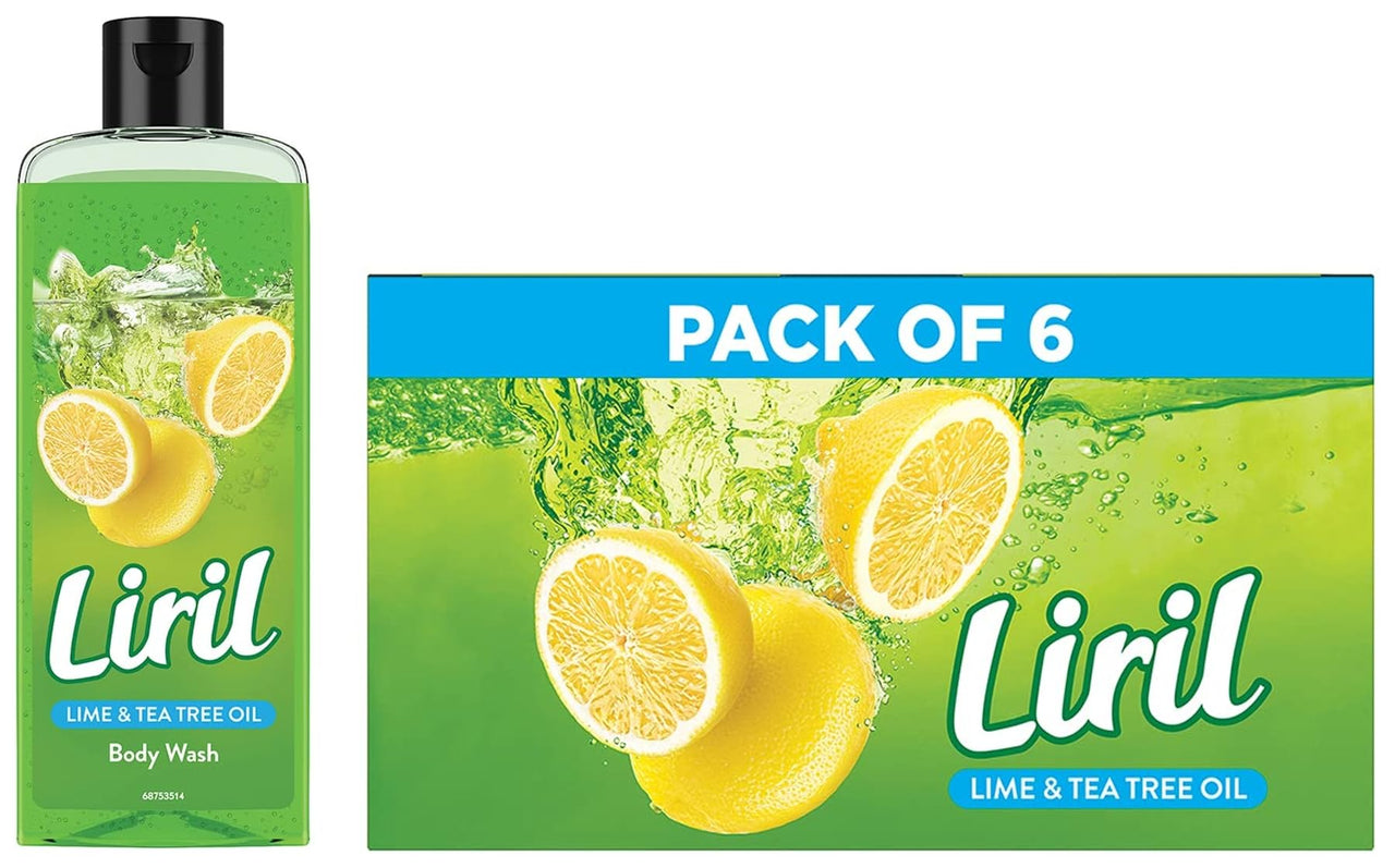 Liril Lime & Tea Tree Oil Soap 125 g (Pack of 6) & Liril Lemon and Tea Tree Oil Body Wash, 250ml