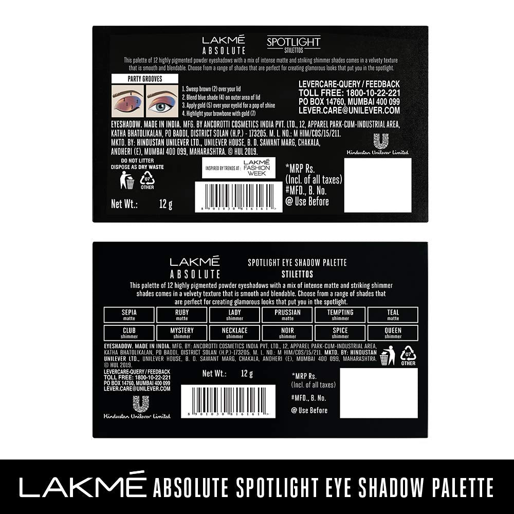 Lakmé Absolute Spotlight Eye Shadow Palette, Berry Martini, 12 G - Berry Martini, Shimmery, Matte