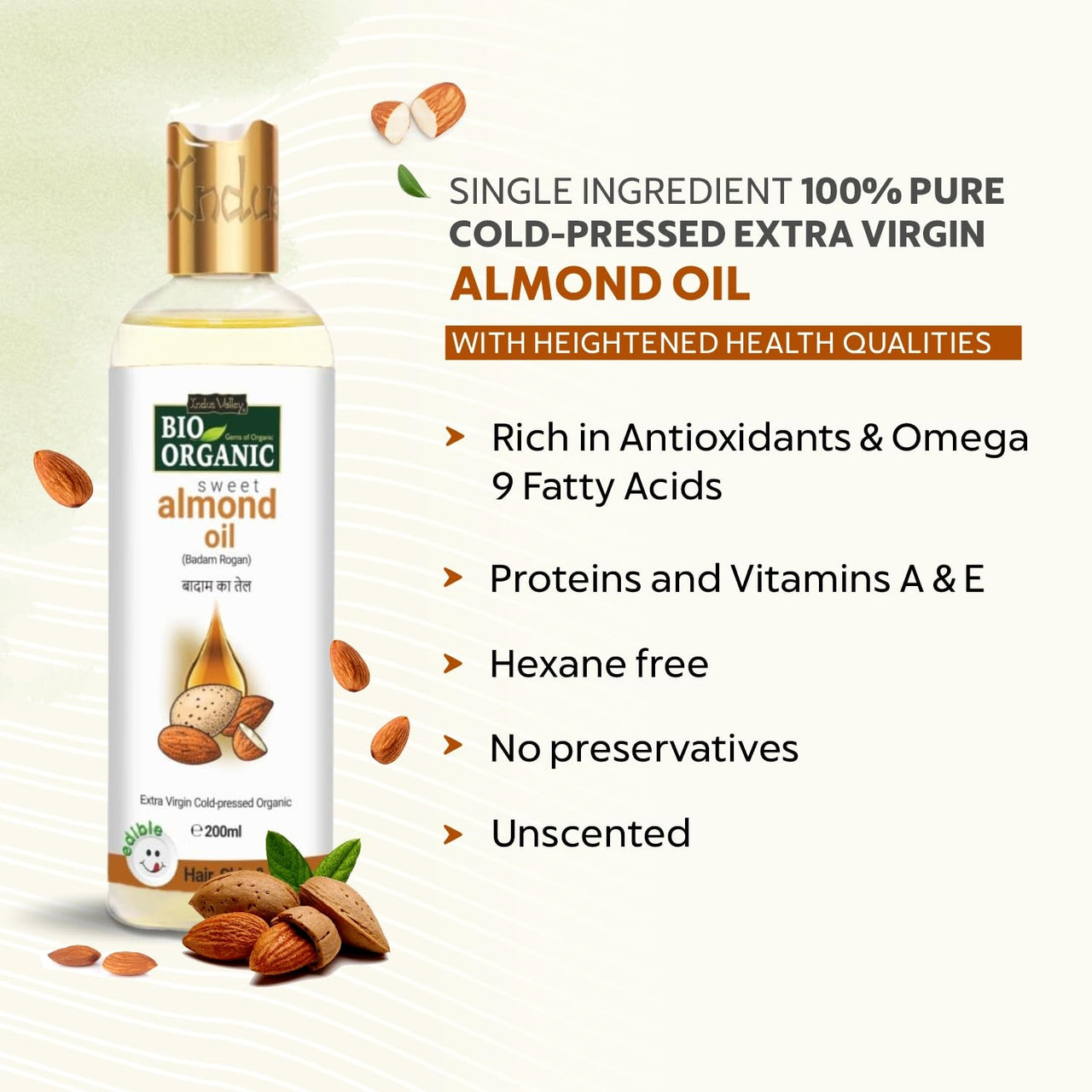 INDUS VALLEY Pure Natural & Organic Roghen Badam Sweet Almond Oil for Body,Hair & Skin (No Mineral Oil & Sulphate) - (200ml)