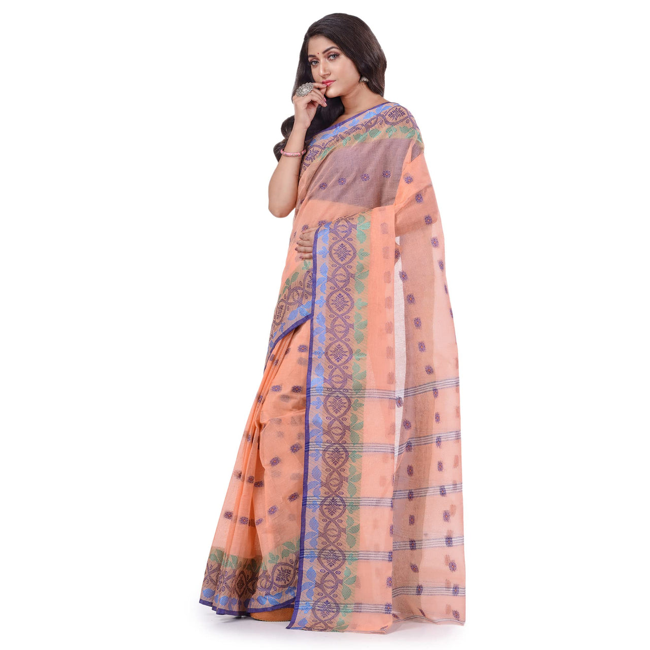 dB DESH BIDESH Women`s Traditional Bengal Tant Tri Leaf Woven Design Pure Handloom Cotton Saree Without Blouse Piece