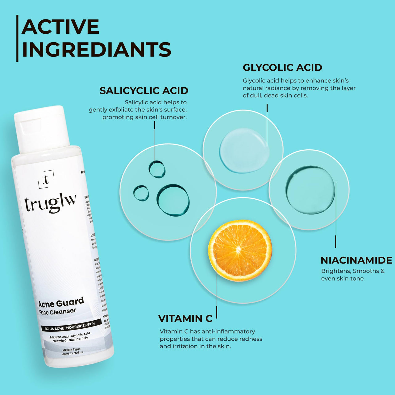 Truglw Acne Control Face Cleanser, Exfoliating Formula with 1% Salicylic Acid, Glycolic Acid, Vitamin C, Fights Breakouts, Soothes Inflammation, Brightens Skin, For Combination to Oily Skin Types - 100ml