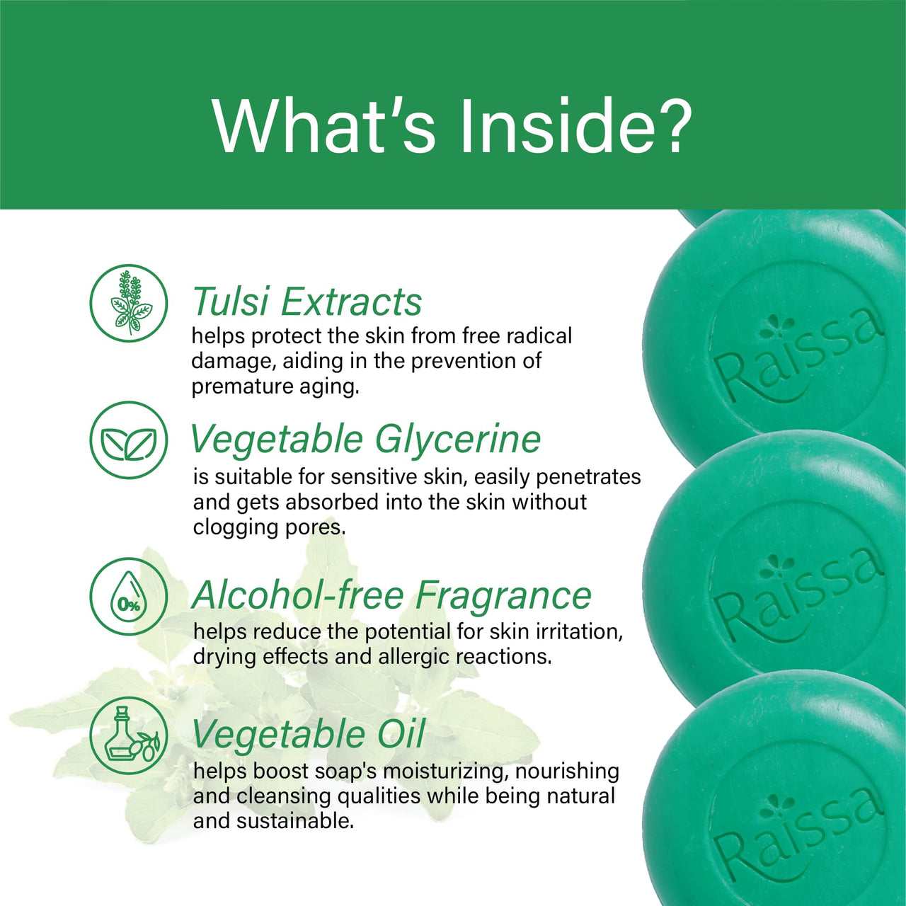 Raissa Bath Soap, 85g (Pack of 6) Vrinda Tulsi, Haldi Chandan, Sandal Raja | Alcohol-Free Fragrance | No Harsh Chemicals