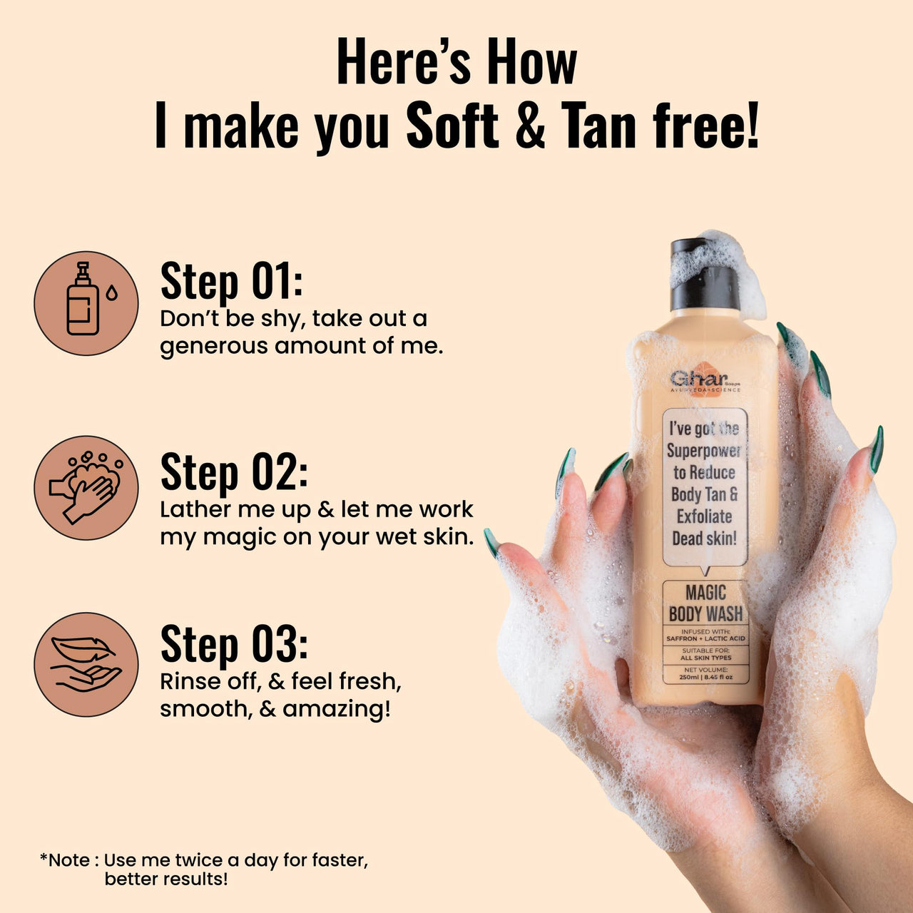 Ghar Soaps Magic De-Tan body wash for tan removal | Exfoliating Body Wash with Saffron, Lactic Acid & Niacinamide | Detan body wash | Removes Tan & Helps in Skin Lightening | Paraben & SLS Free