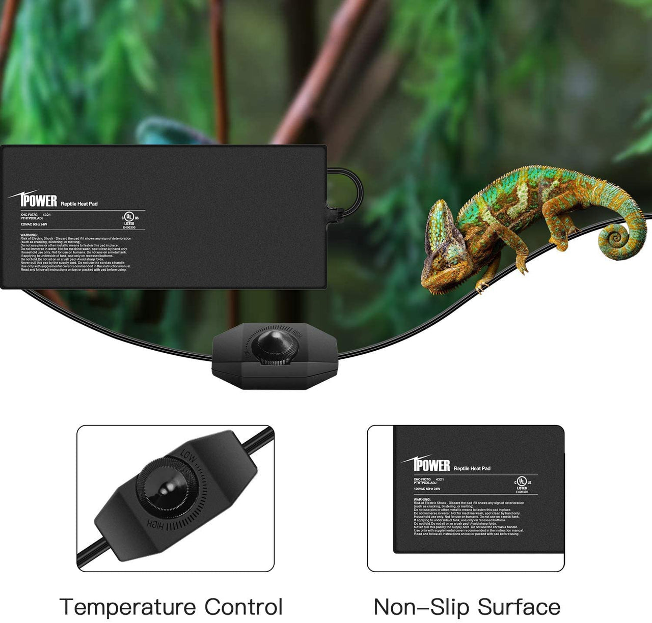 iPower 8 by 18-Inch 24 Watts Reptile Heating Mat with Temperature Controller Under Tank Warmer Terrarium Heat Pad for Reptiles and Amphibians, Black 8" x 18" Black/Heat Pad With Adjust Knob