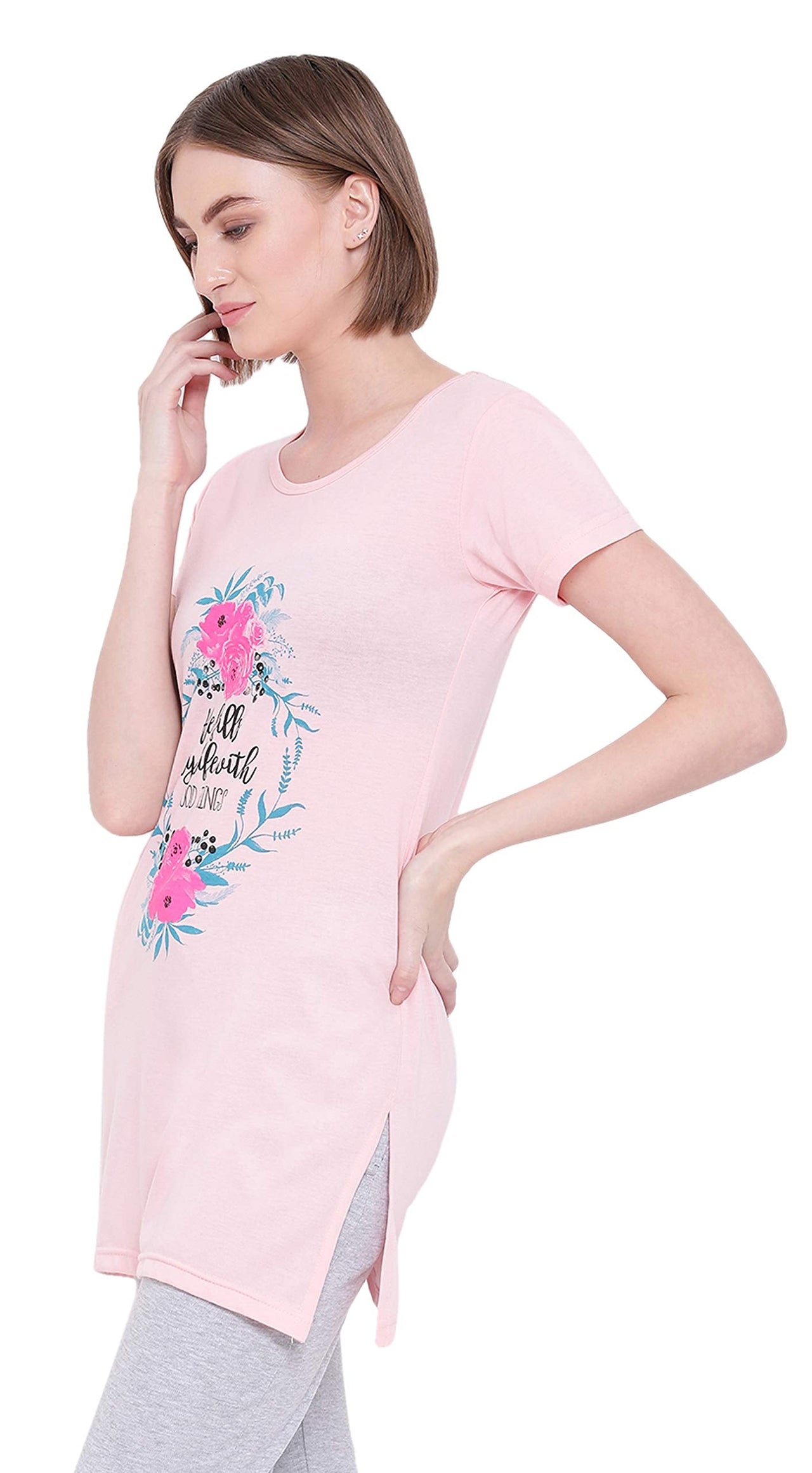 In Love Ladies Long Knee Length Chest Printed Side Slits Tshirts