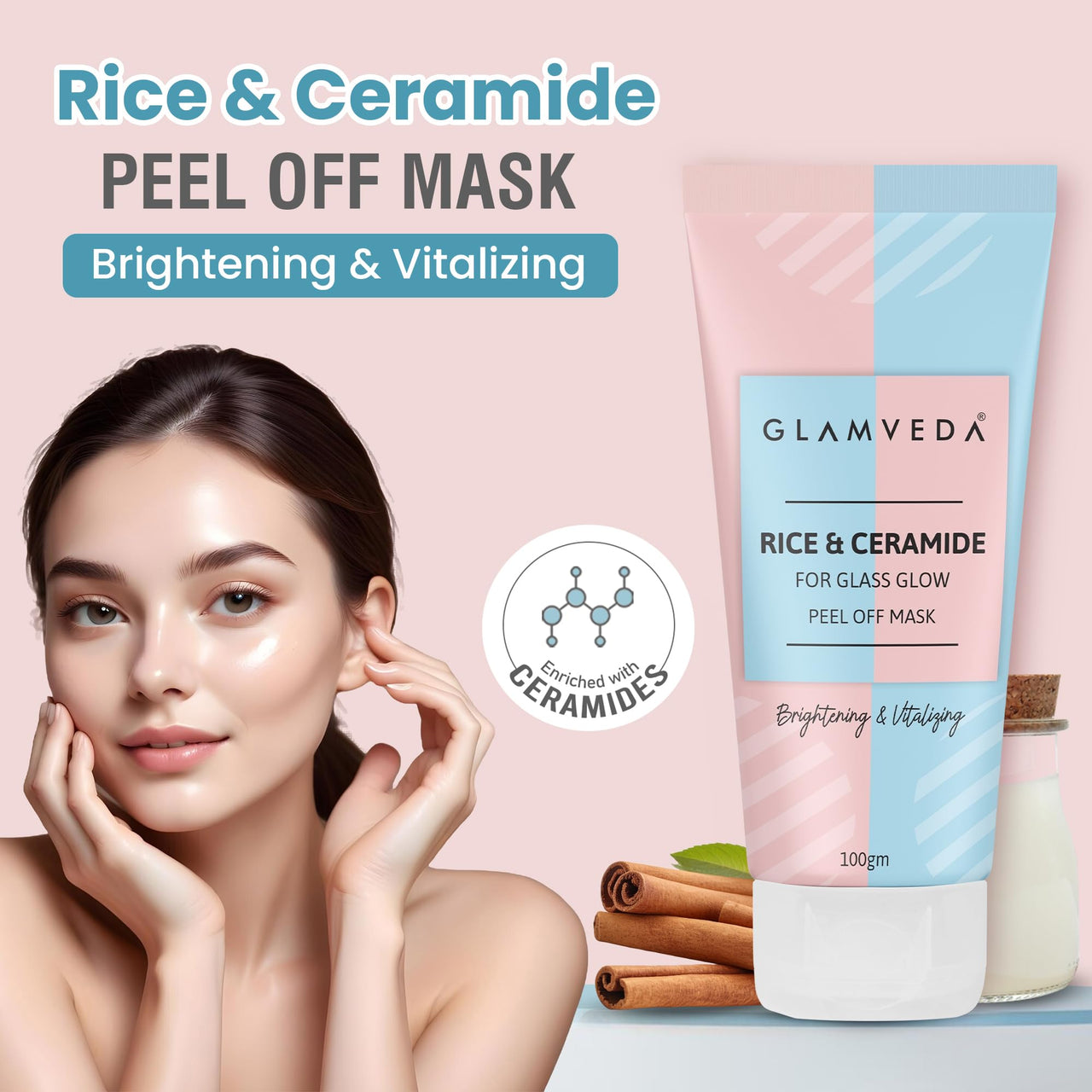 Glamveda Rice & Ceramide Peel off Mask | Reduces signs of ageing | For dry & dull skin | Brightens & Even Tones Complexion | 100gm