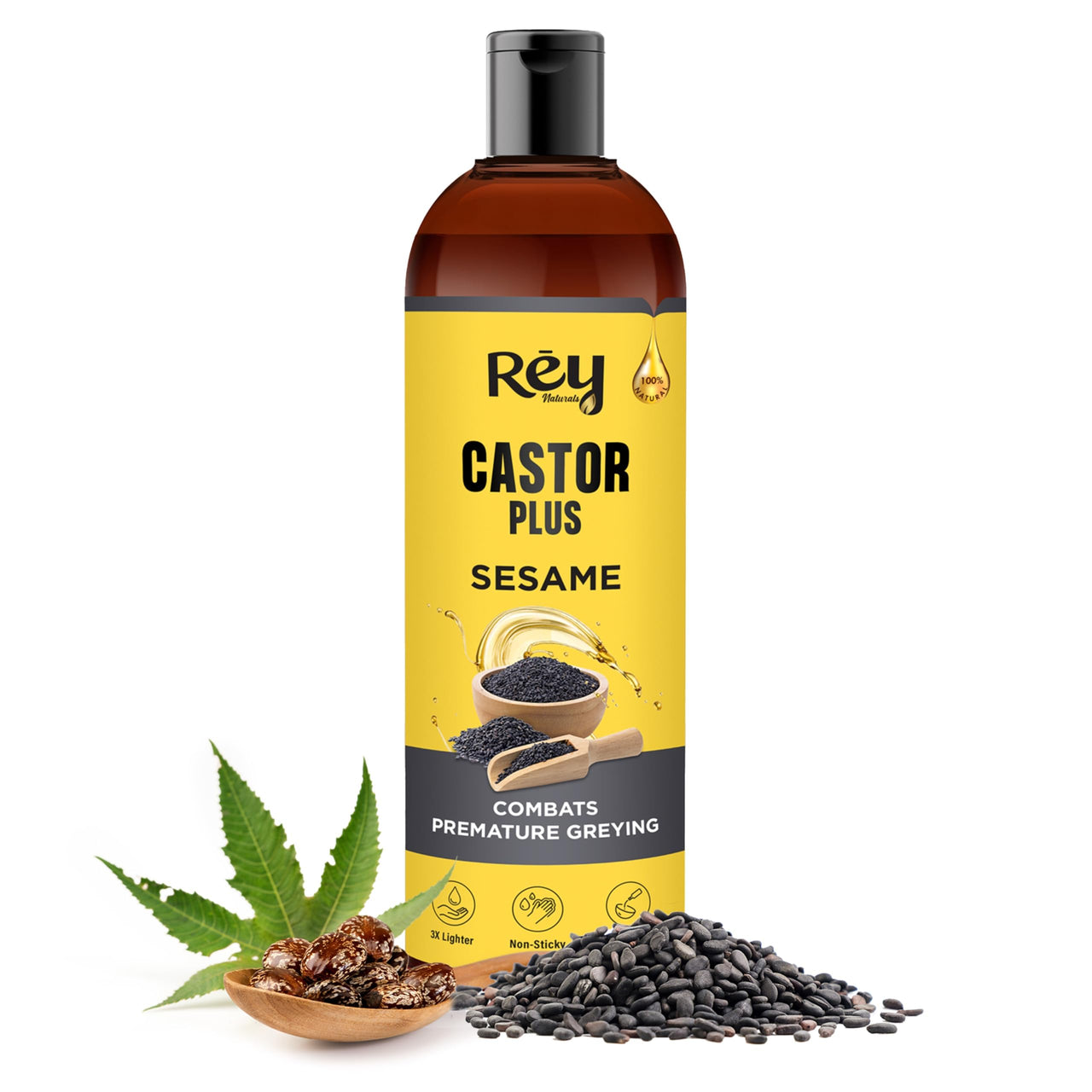 Rey Naturals Premixed Castor Oil Plus Sesame Oil Cold Pressed | Cold Pressed Sesame Oil | Helps Restore Natural Black Hair | Black Sesame Oil For Hair Growth | Sesame Oil For Massage - 200 ml