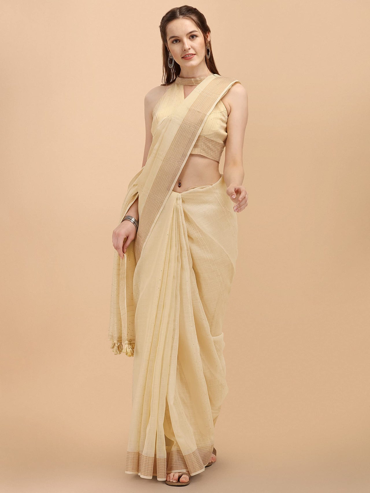 DUNGRANI Women's  Linen Saree With Blouse Piece