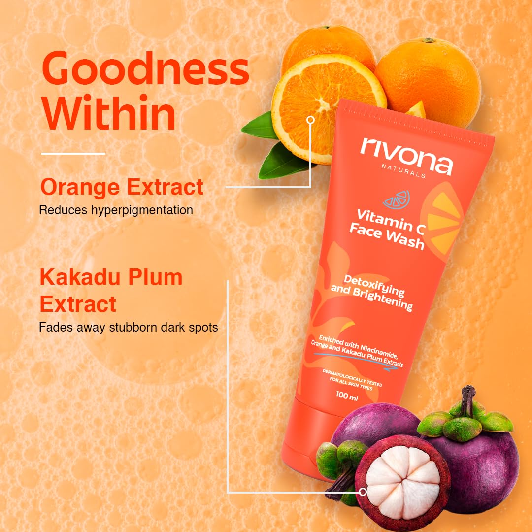 Rivona Naturals Vitamin C Face Wash With Niacinamide & Orange, Kakadu plum| For Women & Men 100ml- Toxin-Free & Oil-Free Face Wash for Acne-Prone, Dry & Oily Skin