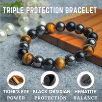 Crystal Vibe Triple Protection Bracelet - 10mm Bead Bracelet for women men With Natural Stones of Tiger Eye Hematite and Black Obsidian - Healing Crystal Bracelet for Good Luck Prosperity Happiness