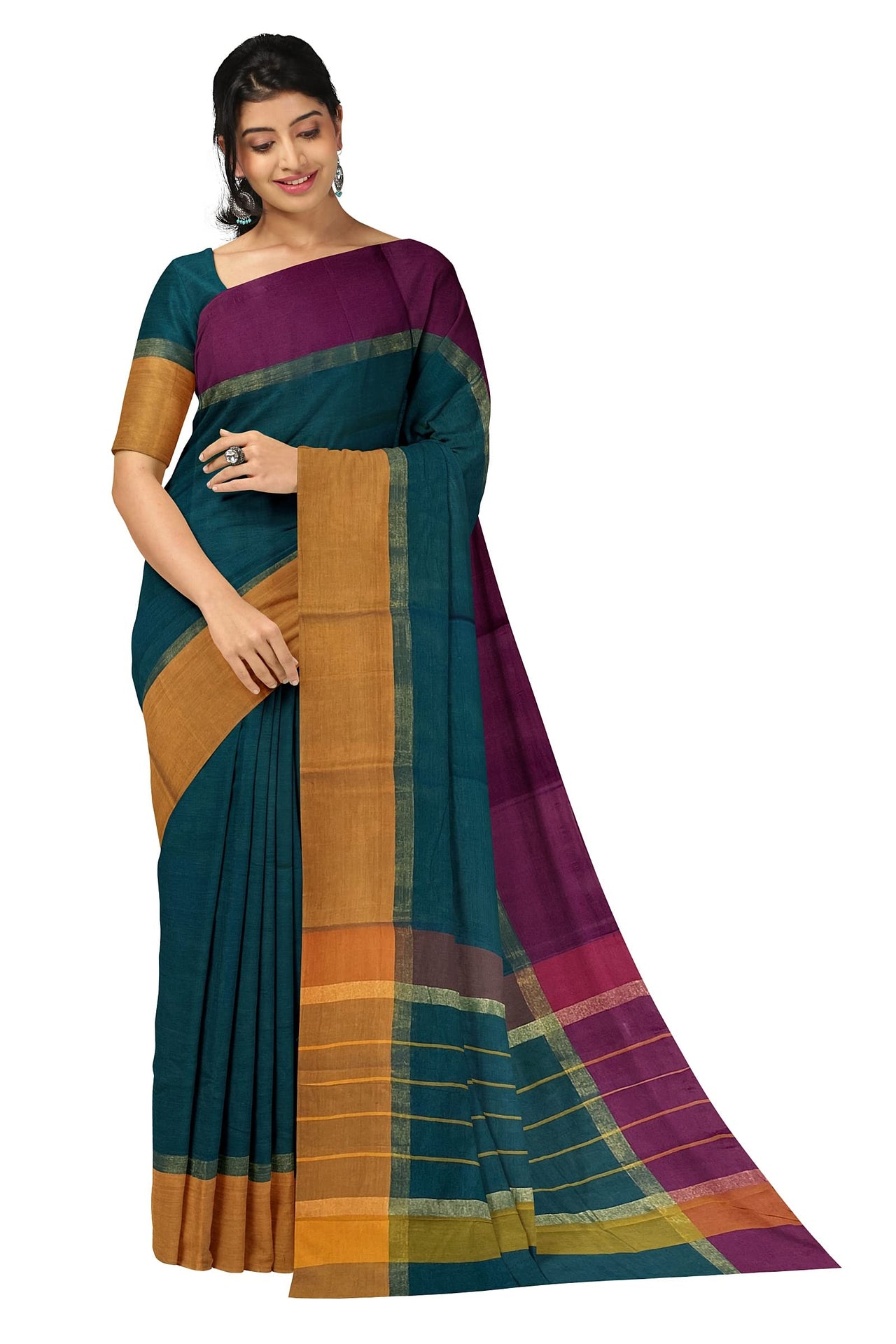 SENSAN Women’s Handloom Kanchi Cotton Saree with Blouse Piece [SKU:430] Light Beige×Navy Blue