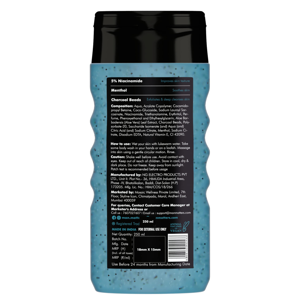 Man Matters 3 in 1 Action Charcoal Body Wash (Pack of 2) | Menthol, 5% Niacinamide & Activated Charcoal Beads | For Instant Cooling & Odor Protection | 500ml