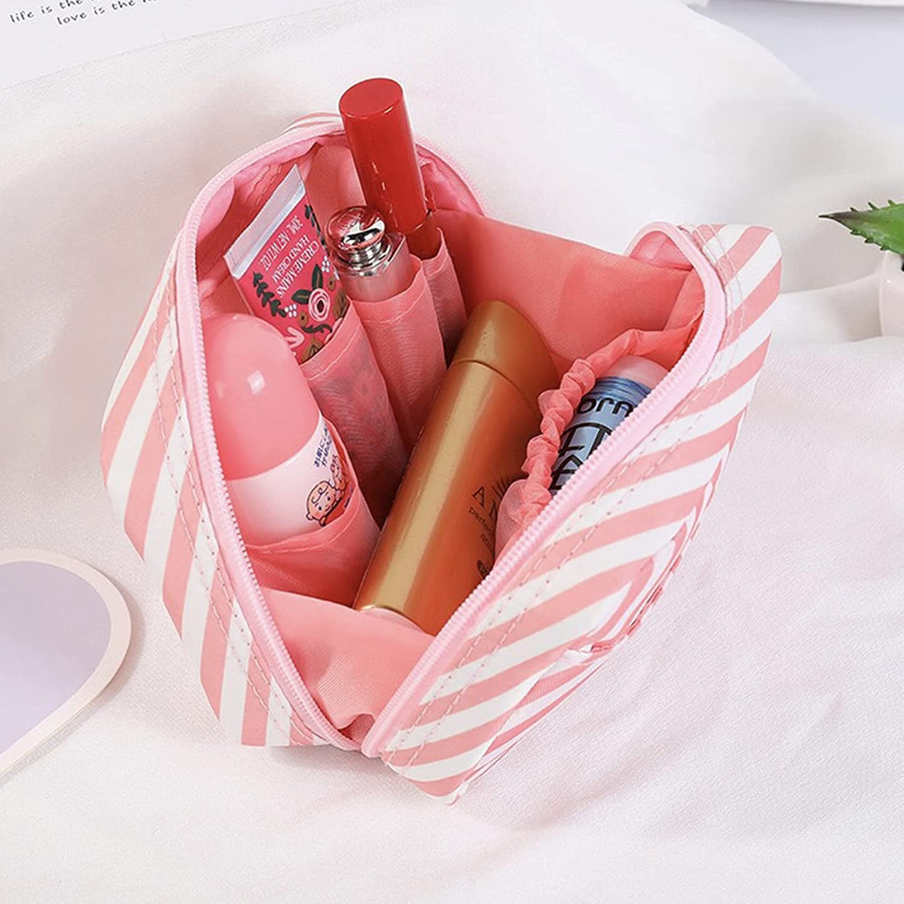 House of Quirk Polyester Makeup Bag Lazy Travel Toiletry Bag Cosmetic Organizer Waterproof Travel Accessories for Women and Girls (Pink)