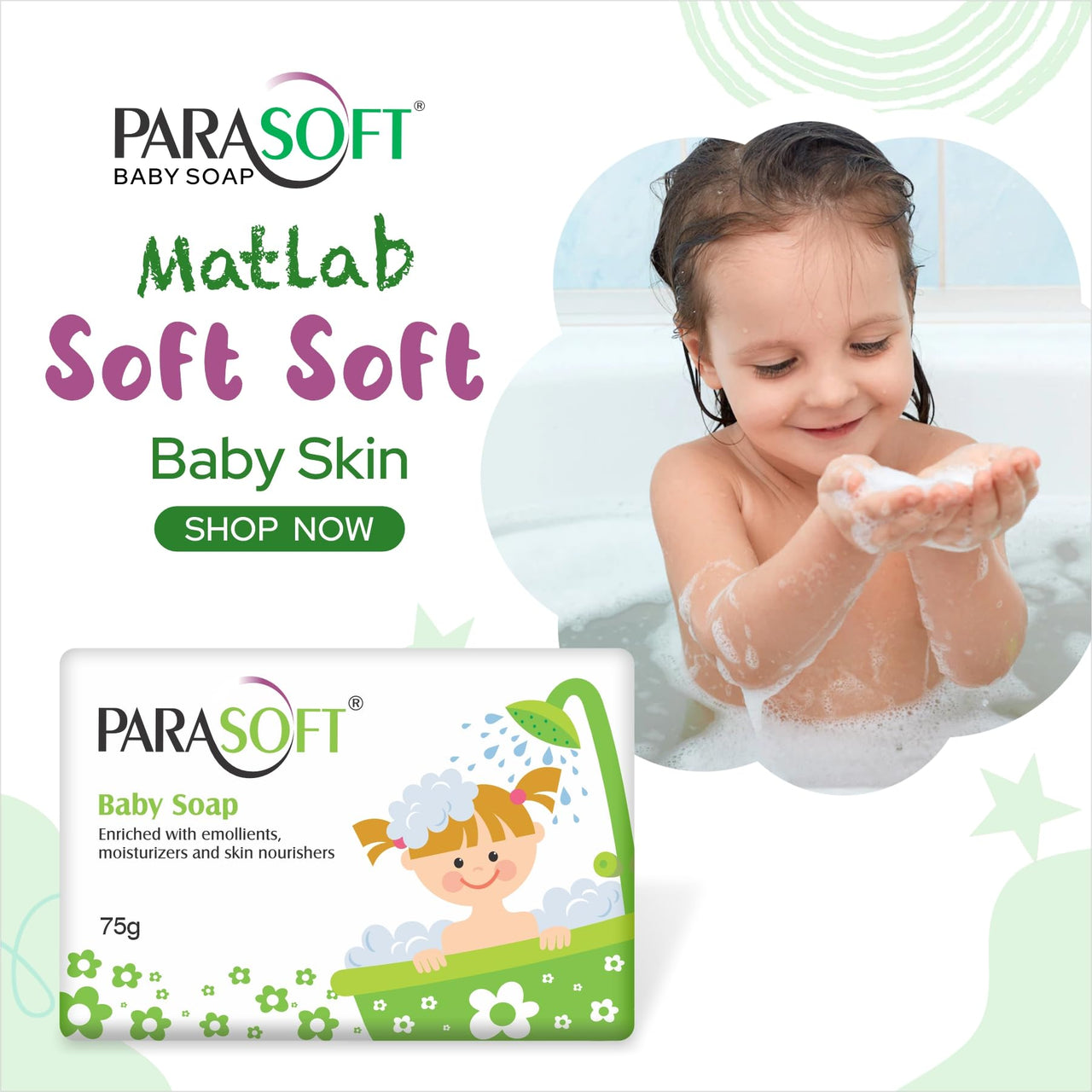 Parasoft Baby Soap Mild & Gentle Daily Moisturizing Bathing Bar with Jojoba Oil, Almond Oil & Vitamin E For Cleansing and Nourishing Skin - 75 gm(Pack of 2)
