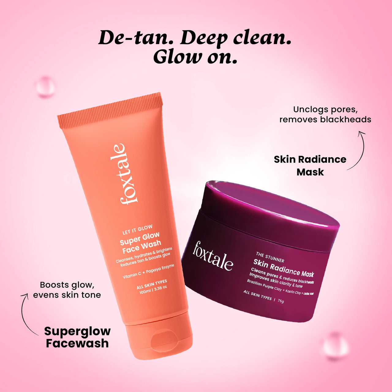 Foxtale Detan and Glow Duo – Face Wash + Skin Radiance Mask | Removes Tan, Brightens, Unclogs Pores | With Vitamin C, Papaya Enzyme, Lactic Acid & Clay | For Radiant, Even-Toned Skin