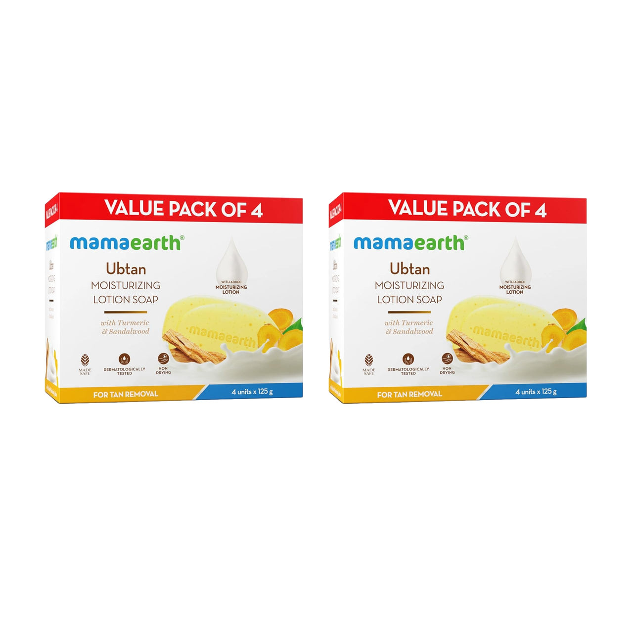 Mamaearth Ubtan Moisturizing Lotion Soap 125g x 8 (Pack of 8) | Removes Tan | Benefits of Lotion in a Soap | Gently Exfoliates & Deeply Cleanses |Nourishes Dry Skin |Non Drying |Grade 1 Soap