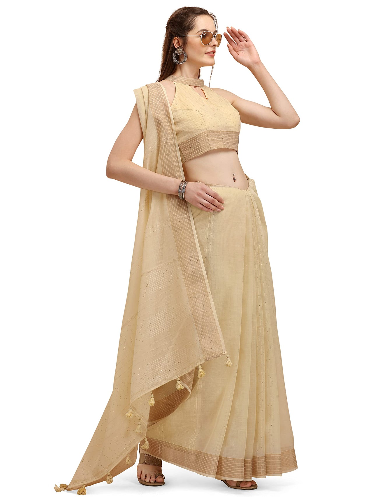DUNGRANI Women's  Linen Saree With Blouse Piece