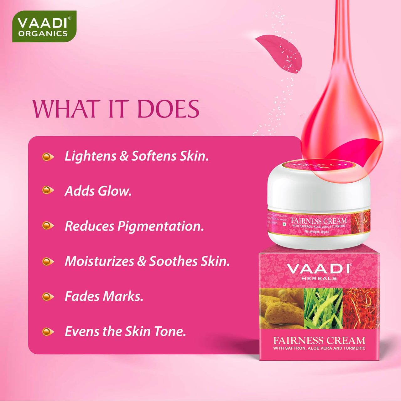 Vaadi Herbals Fairness Cream, Saffron Aloe Vera and Turmeric Extracts, 30g x 3