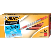 BIC Round Stic Grip Xtra Comfort Ballpoint Pen, Medium Point (1.2mm), Red, 12-Count