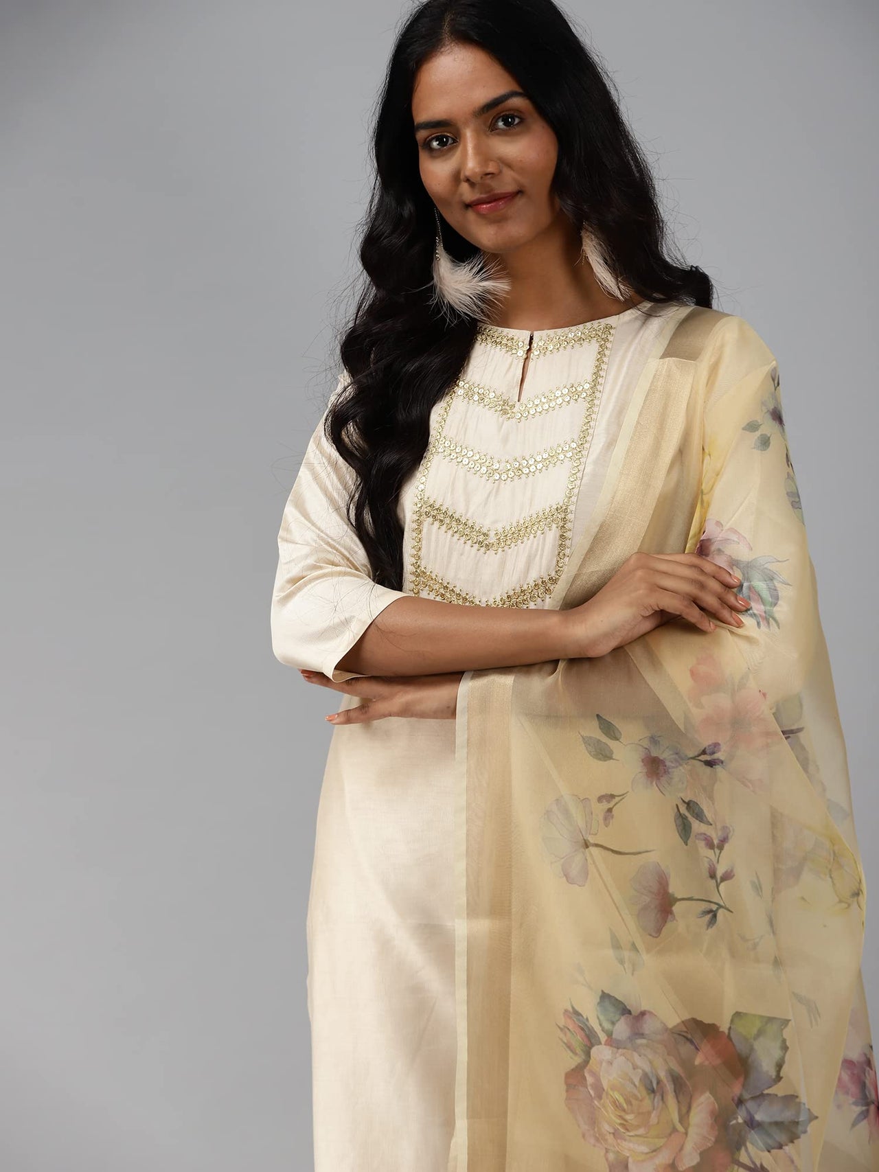INDO ERA Women's  Cream Solid Viscose Straight Kurta Trouser With Dupatta Set