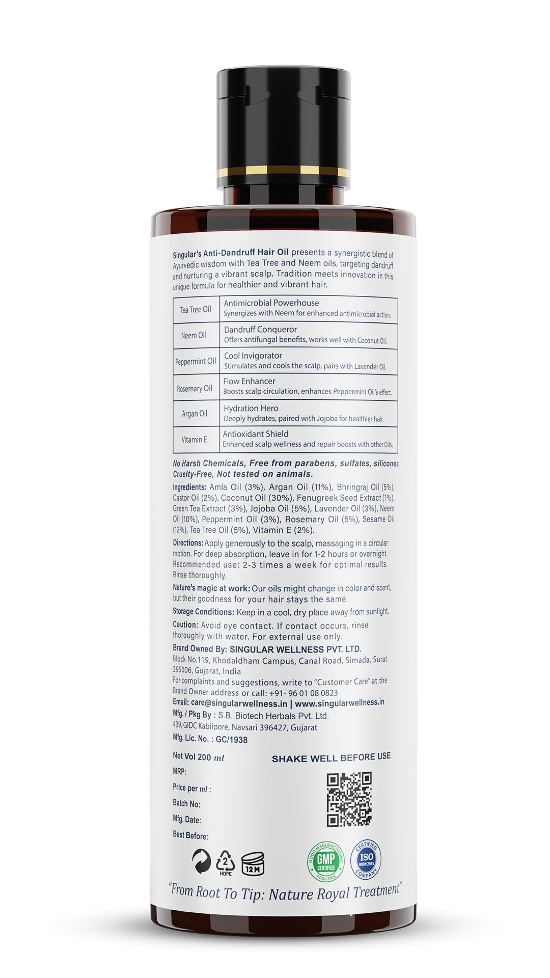 Singular Anti Dandruff Hair Oil for Nourishes & Hydrates Scalp Dandruff-Free Hair | Pure & Natural Cold Pressed Oil Infused with Nature's Best Tea Tree, Coconut, Peppermint, Neem, Rosemary, Argan Oil with Vitamin E | Ideal for Dandruff-Prone Scalp | 400 m
