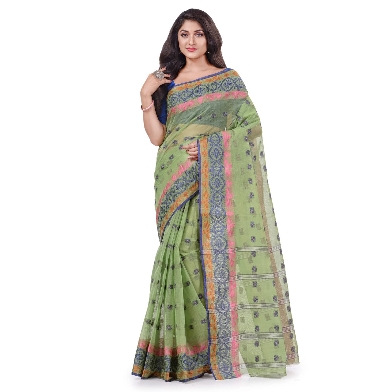 dB DESH BIDESH Women`s Traditional Bengal Tant Tri Leaf Woven Design Pure Handloom Cotton Saree Without Blouse Piece