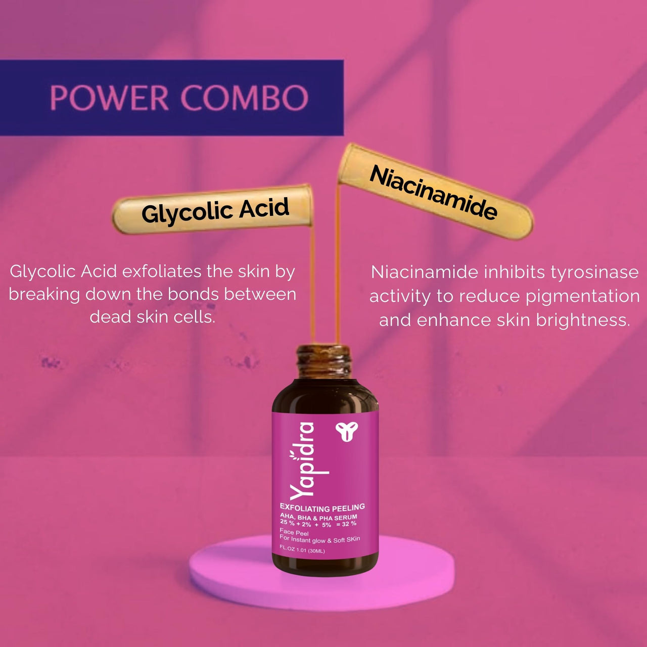 Yapidra Triple-Acid Peeling Serum with 25% AHA, 2% BHA & 5% PHA for deep exfoliation, smoother, radiant skin | Lightweight, fast-absorbing formula |30ml