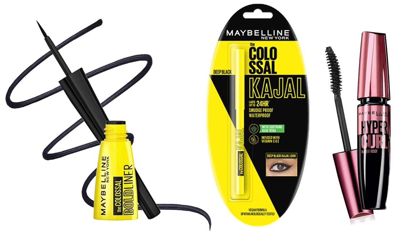 Maybelline New York Colossal Bold Eyeliner, Black, 3g And Maybelline New York Colossal Kajal, Black, 0.35g And Maybelline New York Hypercurl Mascara Waterproof, Black, 9.2ml