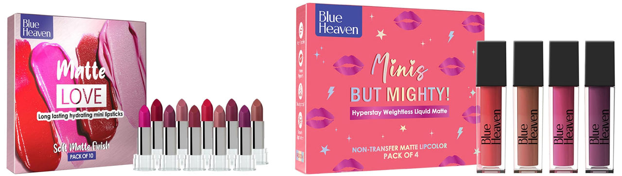 Blue Heaven Matte Love Mini Lipsticks & Blue Heaven Minis But Mighty Hyperstay Weightless Liquid Matte Lipstick For Women- Bridesmaid Nude Shade Kit- Pack of 4