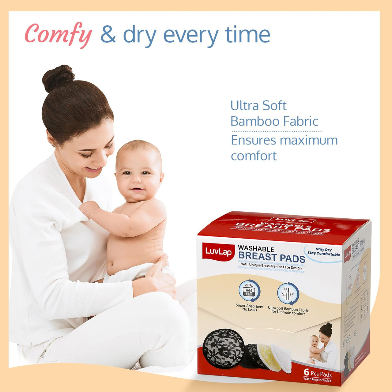 LuvLap Natural Bamboo Washable Nursing Breast Pads for Breast feeding mothers, Beautiful Lace Style, Contoured Shape for snug fit, Nipple Pad, Includes Laundry Bag, Super absorption, 6Pc