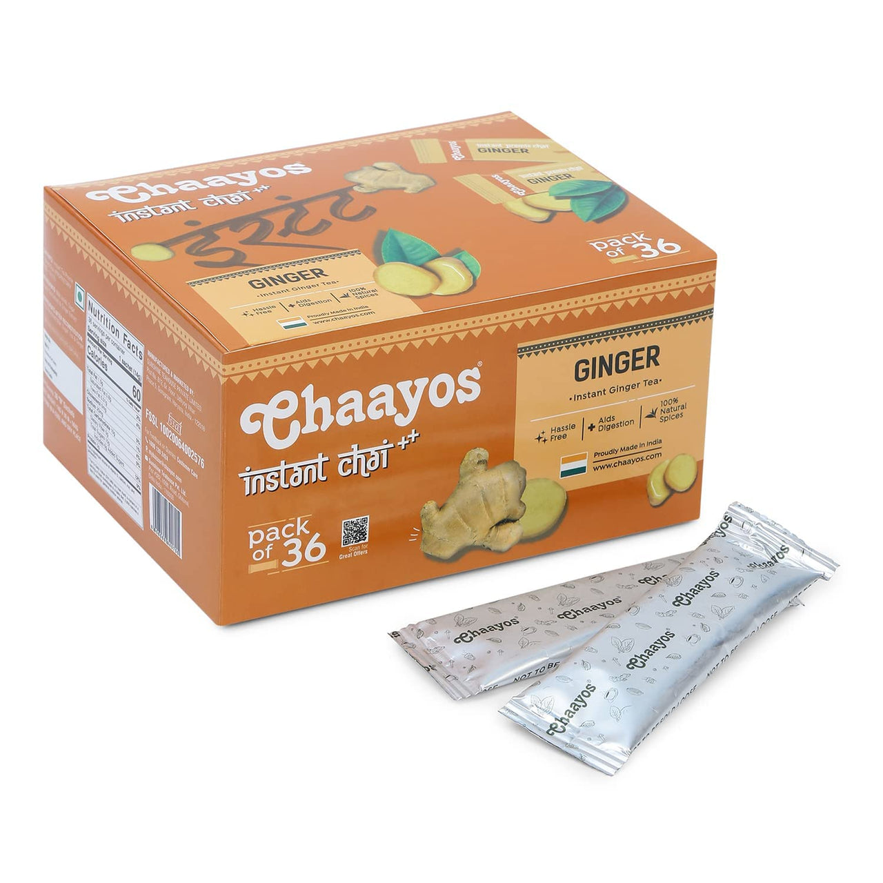 Chaayos Assam Instant Tea Premix - Ginger - Regular Sugar (14Gm * 36 Sachets) (Makes 100 Ml), Ginger Tea, Adrak Chai, 1 Min Tea Powder