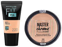Maybelline New York Fit Me Matte+Poreless Liquid Foundation Tube, 220 Natural Beige, 18ml and Maybelline New York Face Studio Master Chrome Metallic Highlighter, Molten Gold, 6.7g