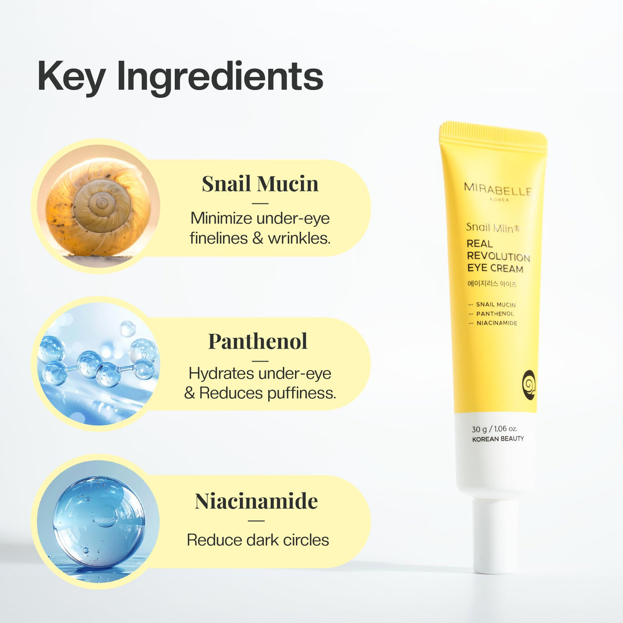 Mirabelle Korea Snail Miin Real Revolution Eye Cream 30g | Reduces Dark Circles, Wrinkles & Fine Lines | Korean Skincare | For Women & Men