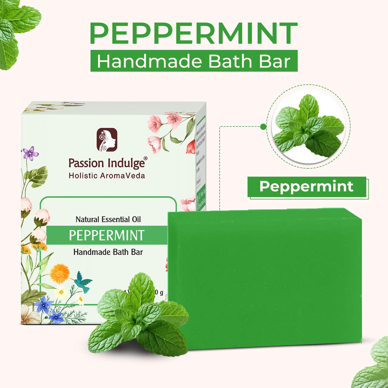 Passion Indulge Natural Handmade Bath Bar Soap - Peppermint (Pack of 3)