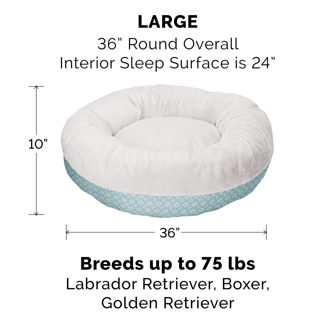 Furhaven Replacement Donut Dog Bed Cover Plush & Diamond Print Calming Cuddler, Machine Washable - Aqua, Large Donut Bed (Cover Only) 36.0"L x 36.0"W x 0.3"Th Plush & Diamond Print (Aqua)