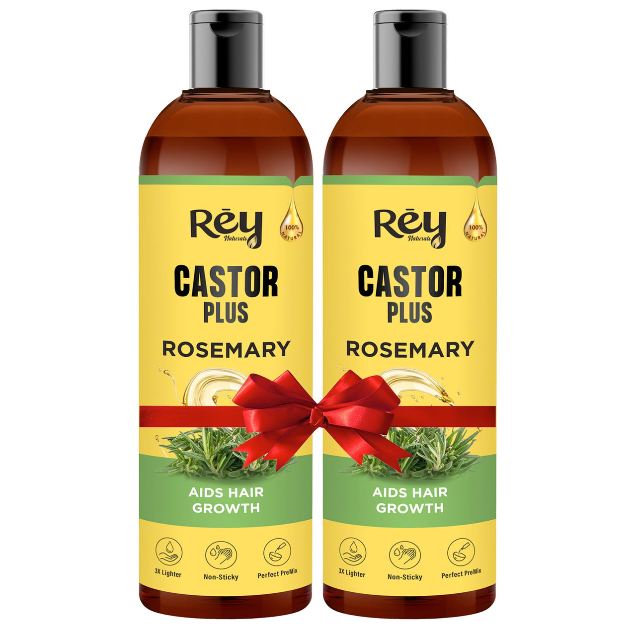 Rey Naturals Cold Pressed Castor Oil plus Rosemary Essential Oil | Castor Oil for Hair Growth, Eyebrows & EyelasheS | Premix of Castor and Rosemary Essential Oil| For Men & Women| 200ml * 2