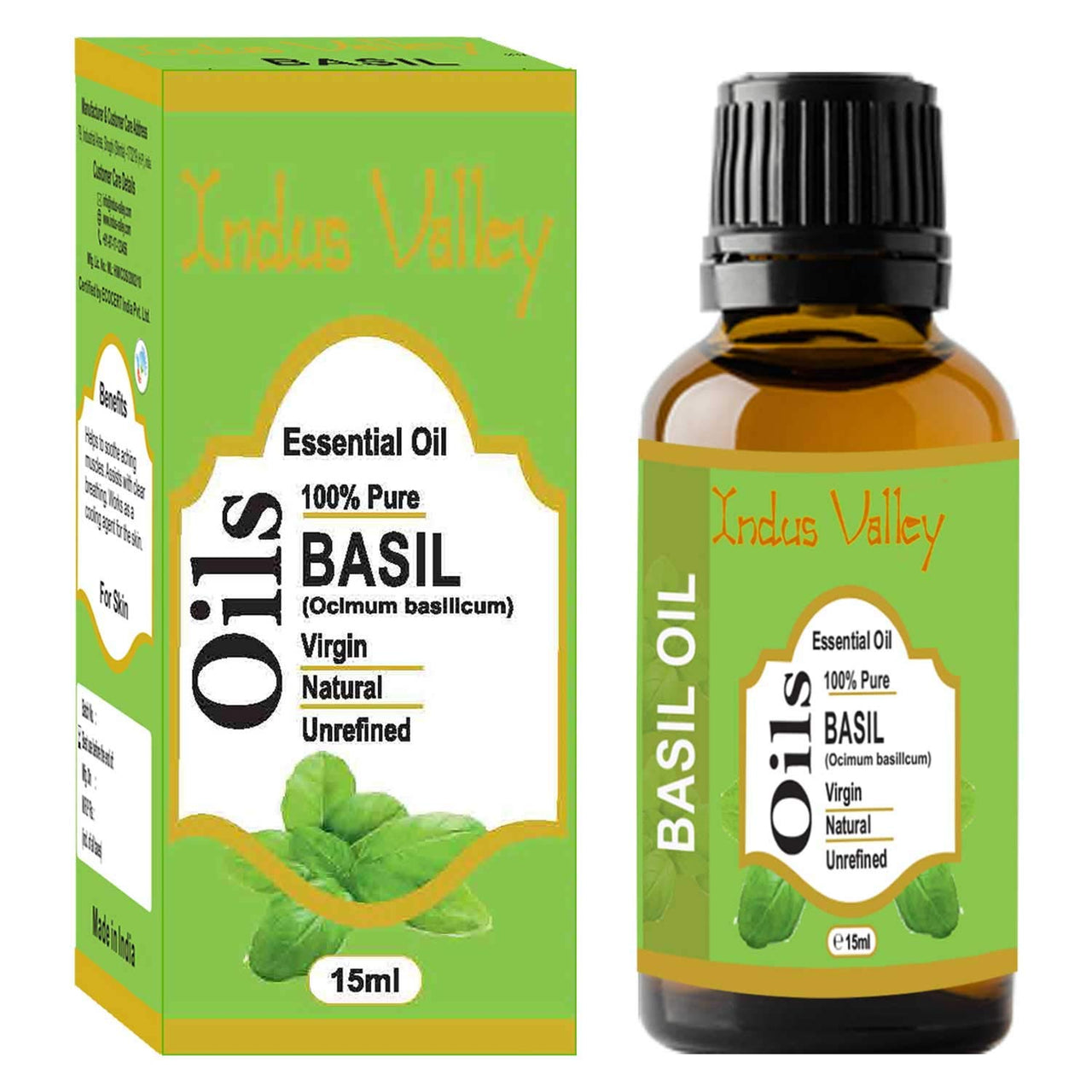 Indus Valley 100% Pure Natural & Organic, Undiluted Basil Essential Oil with Glass Dropper for Skin, Hair Care -15ml