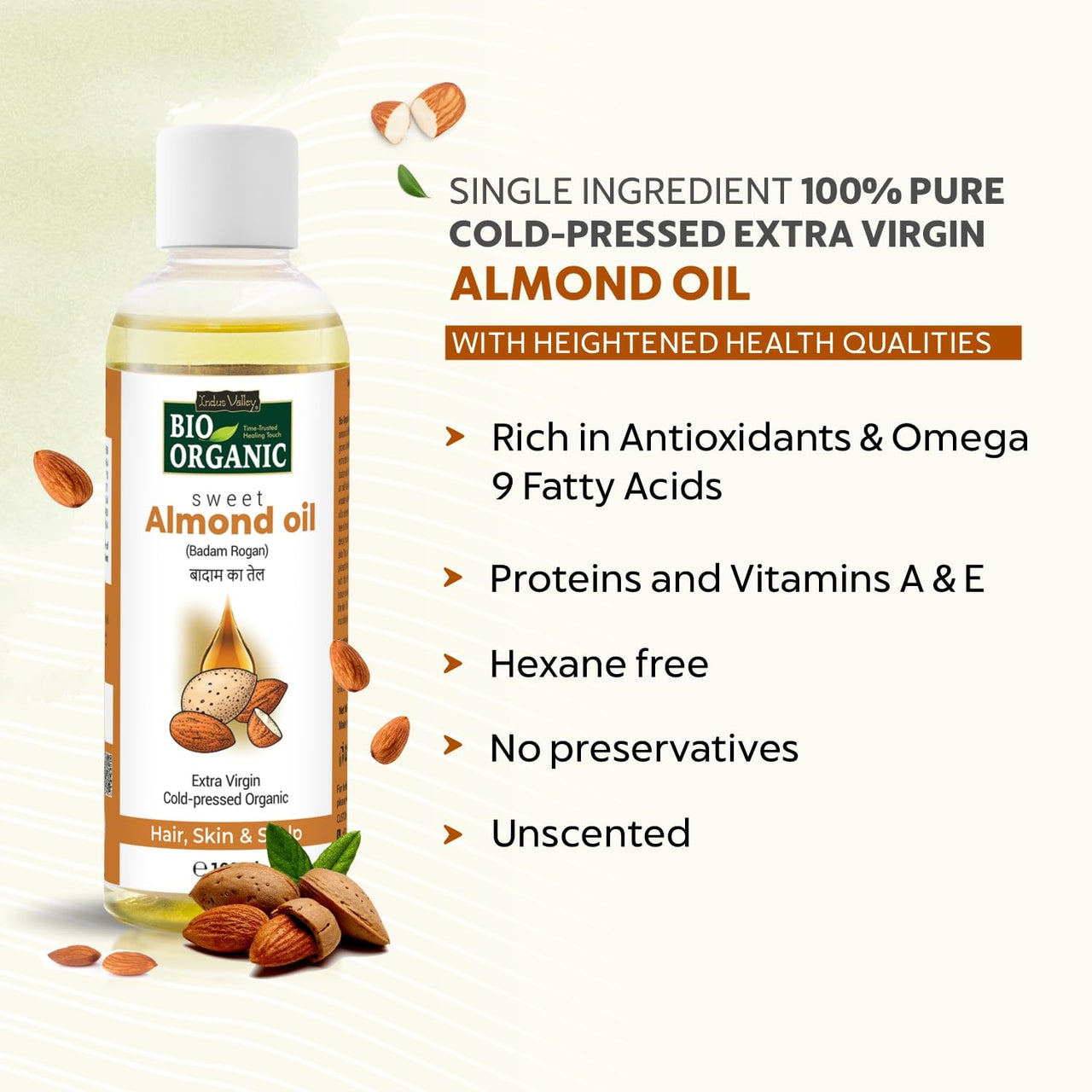 INDUS VALLEY Bio Organic Cold Pressed Almond Oil for Soft & Shiny Hair, Glowing Skin, Hair Damage Protection, Pure Roghan Badam Oil(Tail) for Baby Massage - 100ml