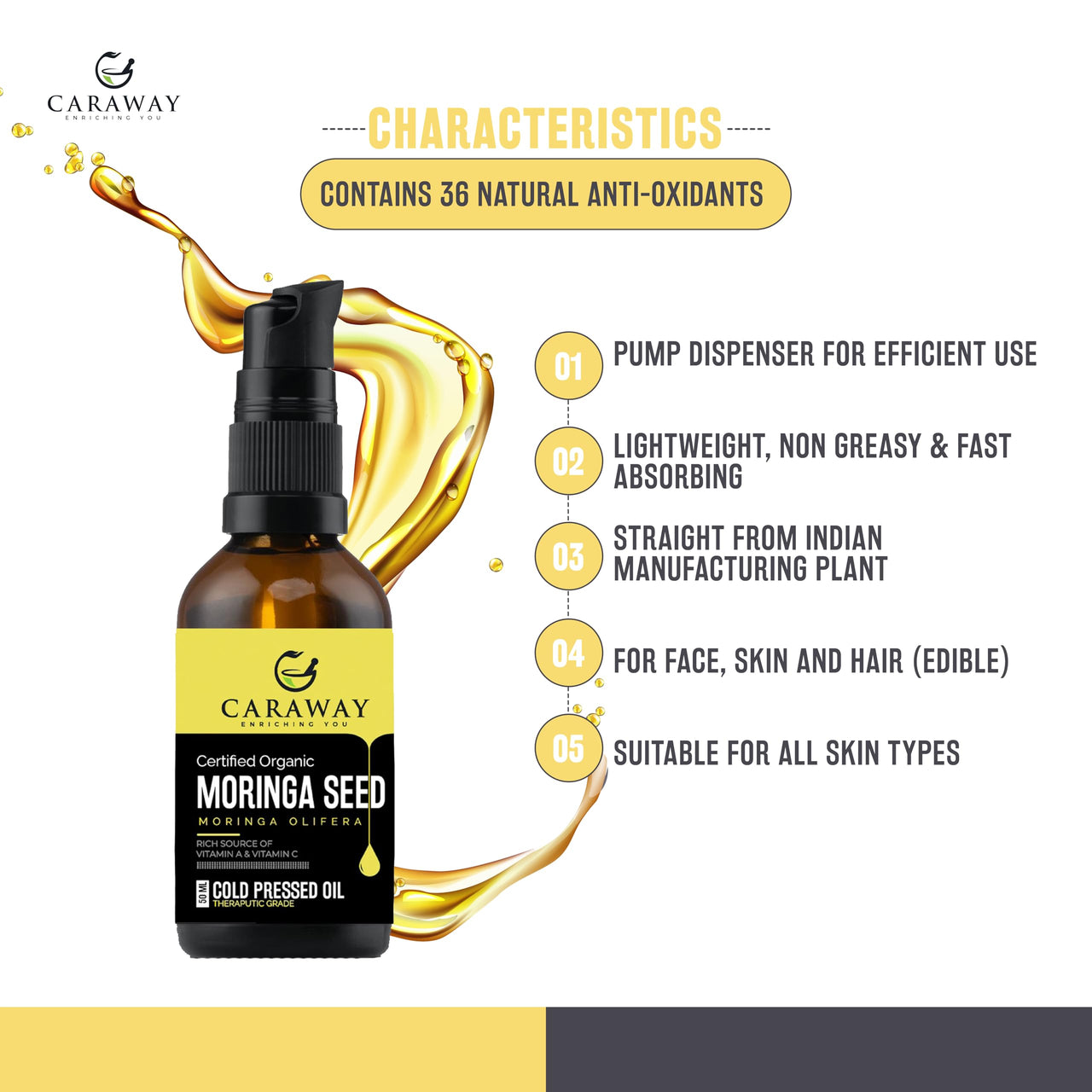 CARAWAY Certified Organic Moringa Seed Oil Cold pressed - 100% Pure Oil for Hair, Face and Skin - 50 ml