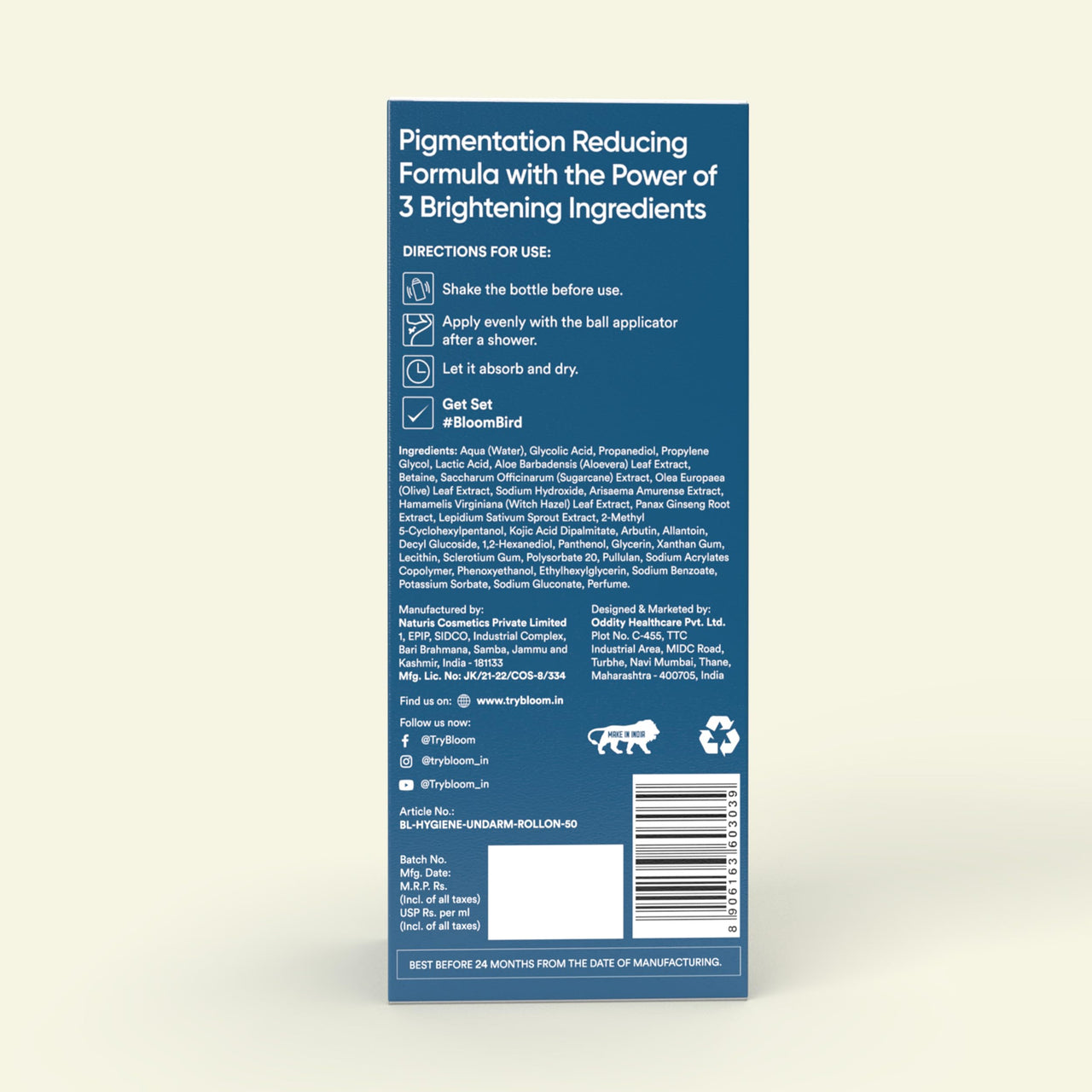 Bloom Brightening Underarm Roll - With AHA, Melazaro & Kojic Acid | Dark Underarms, Pigmentation & Odour| Rapid Melanin Reduction Formula | 0 White Cast | 50ml