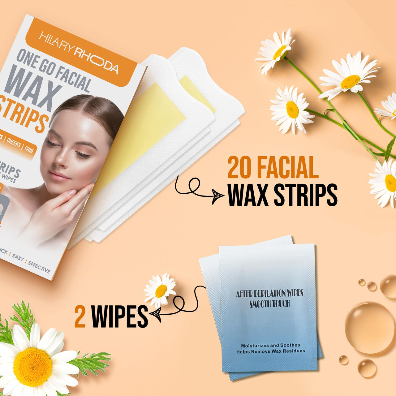 Hilary Rhoda Women One Go Facial Wax Strips|Ready-To-Use|Face, Cheek, Upper Lip & Chin Facial Wax|Painless Hair Removal|With 2 Finish Wipes|20 Strips (Chamomile),Pack Of 1,1 Count