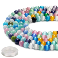 70PCS Natural 8MM Healing Gemstone, Synthetic Cat’s Eye Energy Stone Round Loose Beads, Semi-Precious Crystal Beads with Free Elastic String for Jewelry Making DIY
